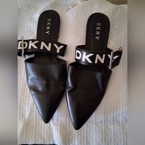 DKNY Black Pointed Toe Logo Strap Mules